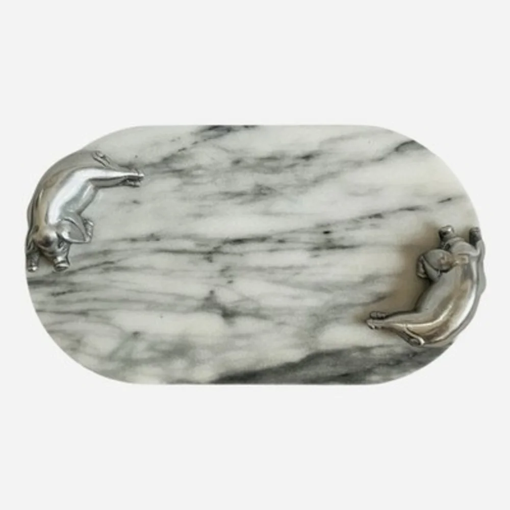 Vintage Arthur Court Marble Oval Serving Tray Figural Pig Aluminum Handle 13x7.5